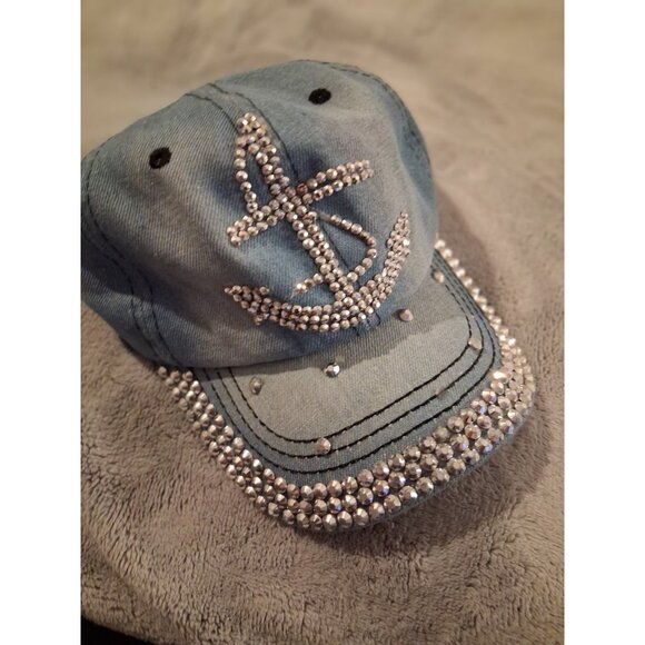 Denim Blue Jean Silver Rhinestone Anchor Women's Baseball Hat Nautical Cap Bling - Picture 5 of 7